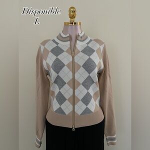Argyle Zip-Front Women's Sweater Jacket - Beige, Gray & White